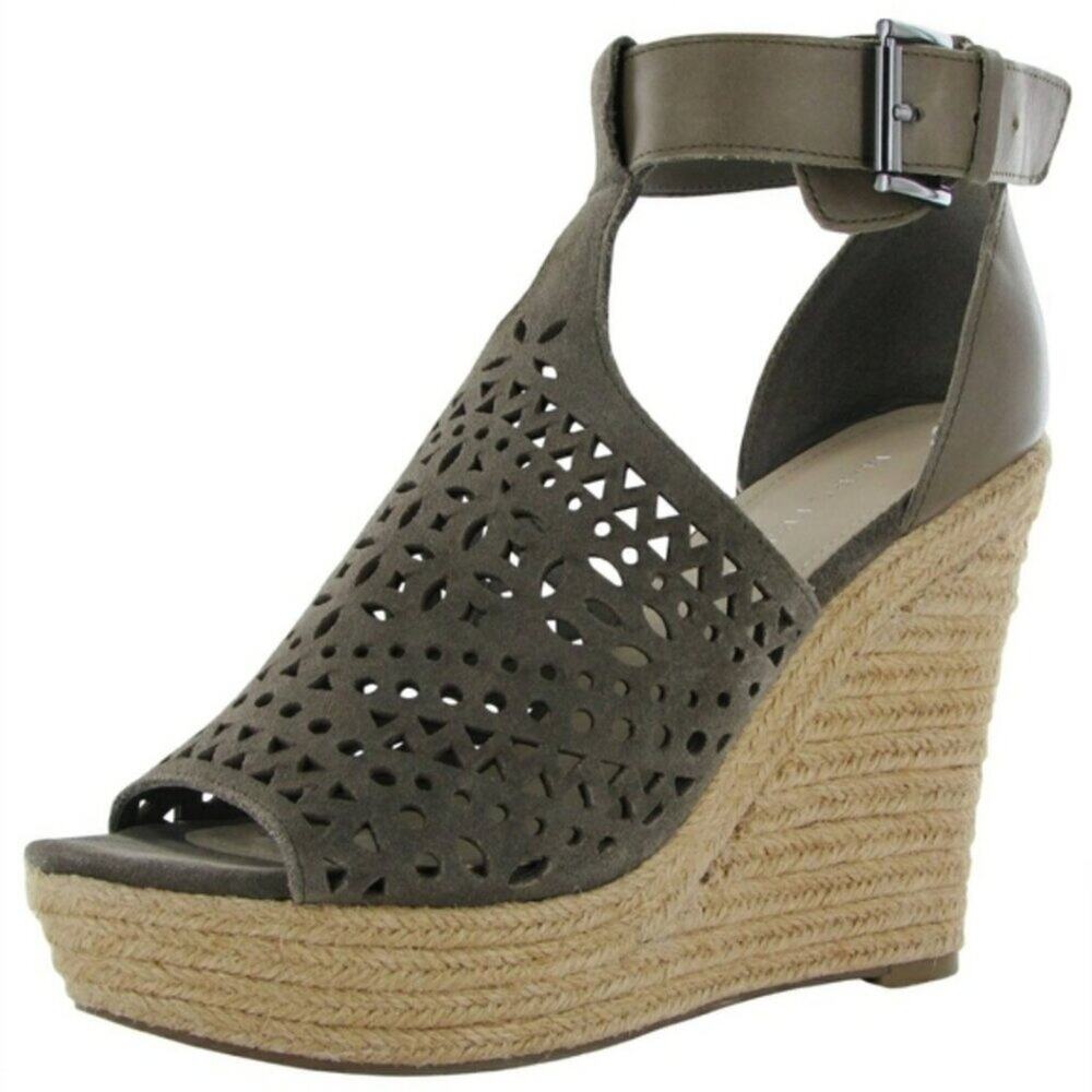 NEW Marc Fisher Hasina Olive Suede Laser Cut Espadrille Wedge Sandals Shoes